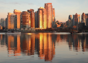 Vancouver, British Columbia skyline during sunset.