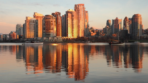 Vancouver, British Columbia skyline during sunset.