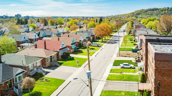 An overhead view of a row of homes.