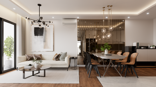 Sofa in a living room and a dining room table.