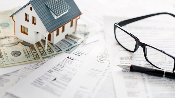 A small wooden house on top of some money and tax forms.