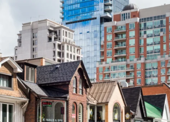 A street-level photo of some buildings in Toronto.