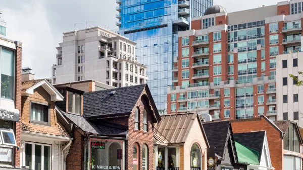 A street-level photo of some buildings in Toronto.
