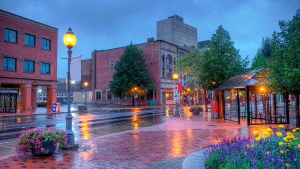 A street in Moncton in the rain.