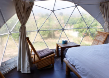 Interior bedroom of a geodesic dome home