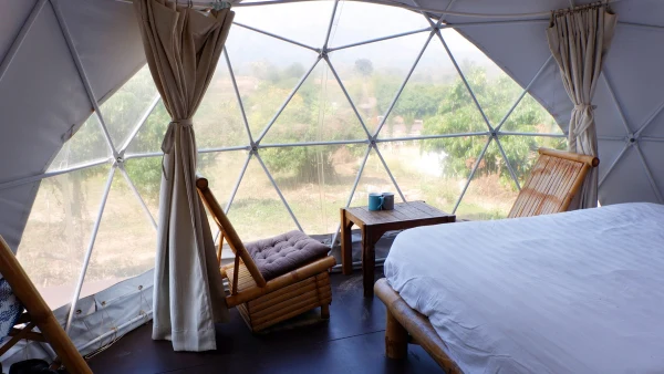 Interior bedroom of a geodesic dome home