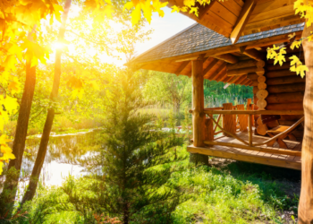 A wooden house and a pond in the autumn.