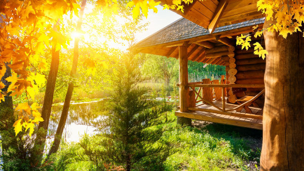 A wooden house and a pond in the autumn.