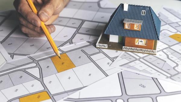 A model house on a map of land plots