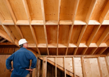 A construction worker looks at an unfinished home