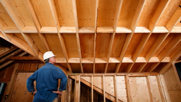 A construction worker looks at an unfinished home