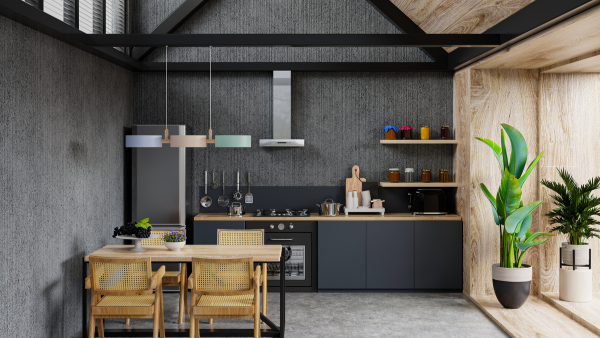 A kitchen and a dining table.