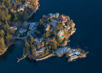 Birds eye view of houses on an island in Vancouver