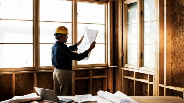 Construction workers looks at building plans.
