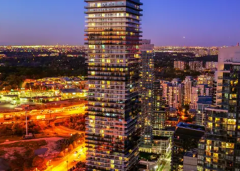 Night view of condo buildings in Toronto