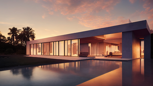 A modern mansion by a pool at sunset.