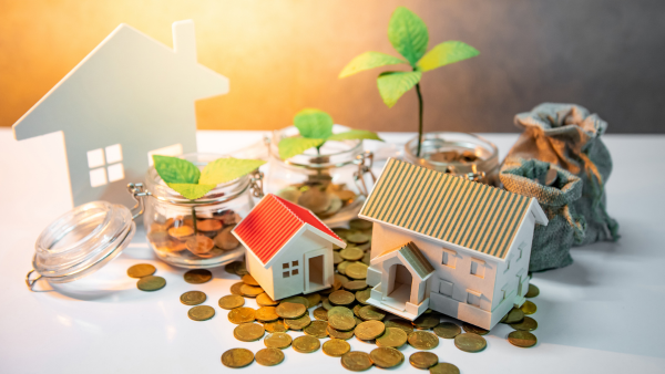 Coins, plants and a toy house.