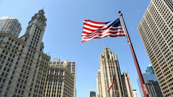 American flag waving in Wall Street