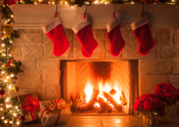 A fireplace during Christmas.