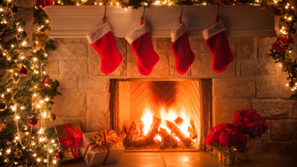 A fireplace during Christmas.