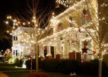 A house decorated with festive holiday lights