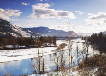 A snowy mountain and river