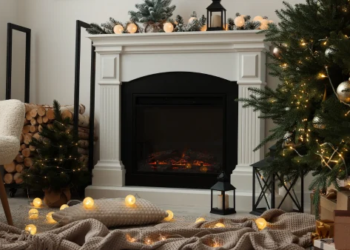 A cozy living room decorated for the holidays