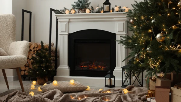 A cozy living room decorated for the holidays
