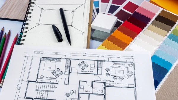 Home layouts and paint options spread out on a table.