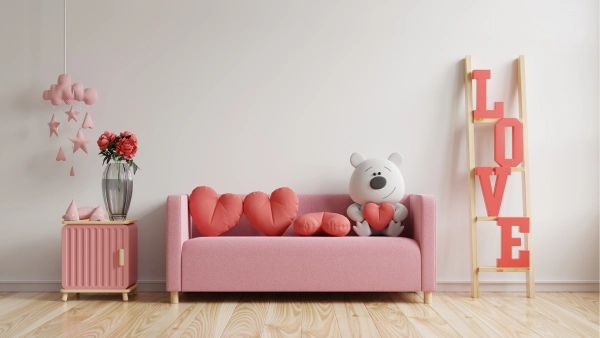 A couch with love hearts.