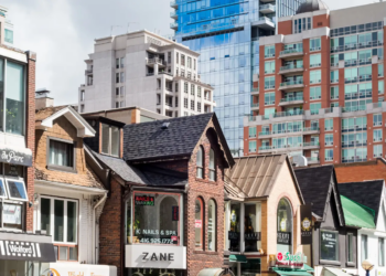 Toronto downtown with shops and condos