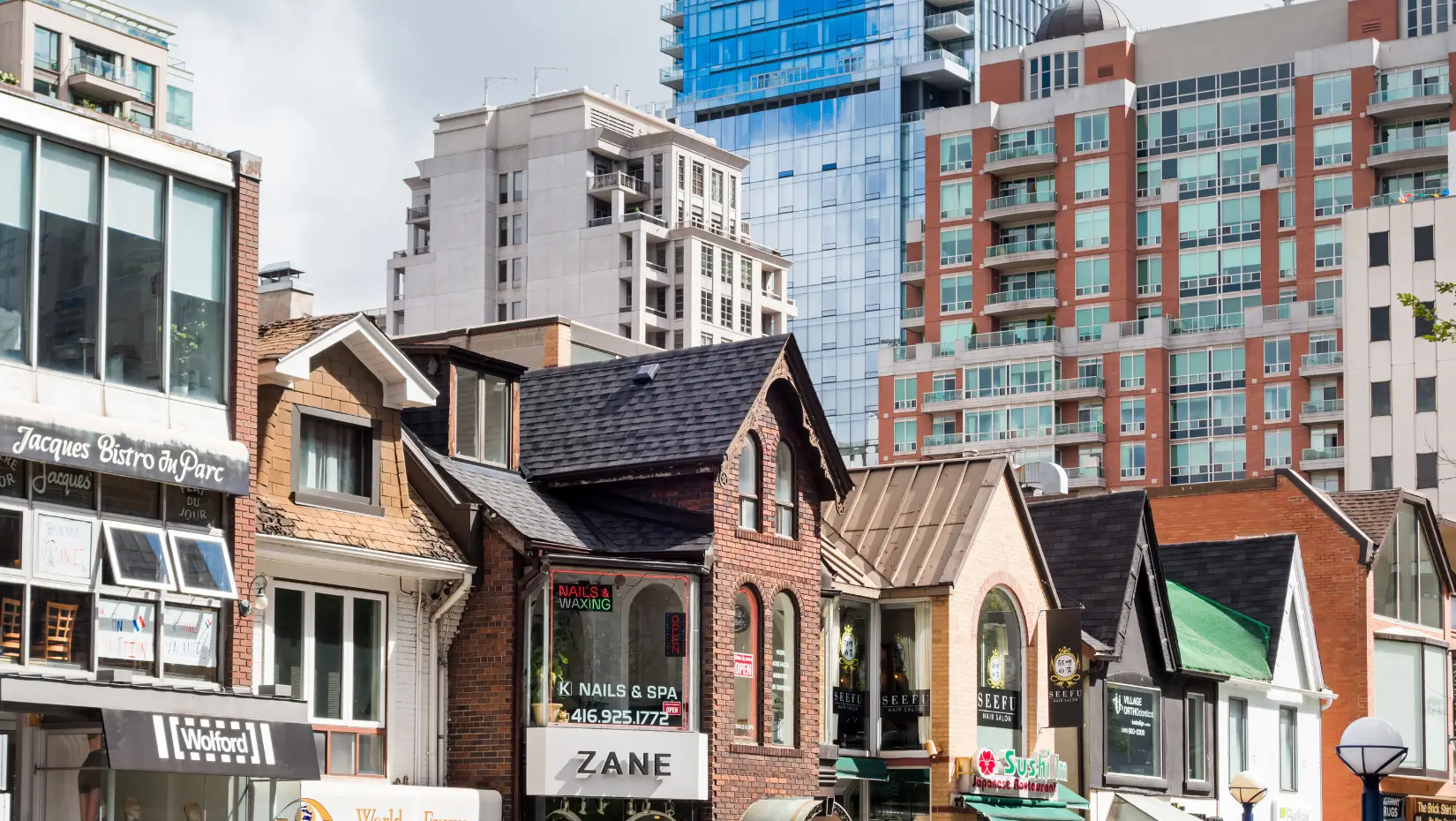 Toronto downtown with shops and condos