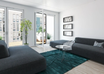 An open living room in a condo apartment