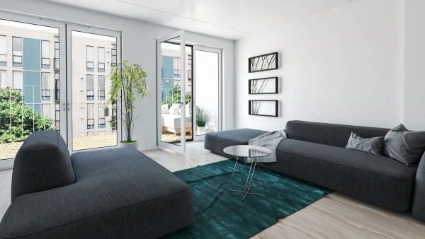An open living room in a condo apartment