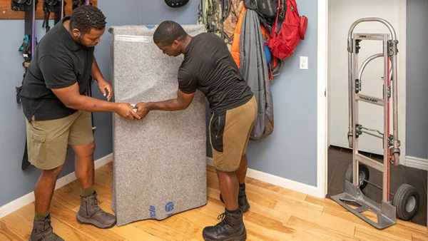 Two movers moving furniture in a home