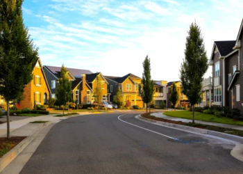 A neighborhood at sunset