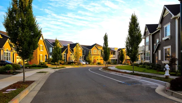A neighborhood at sunset