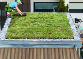 A worker installing a green roof.