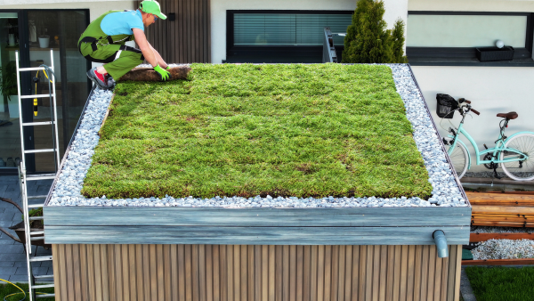 A worker installing a green roof.