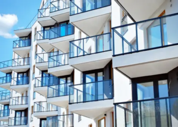 Exterior of white condo building's balconies