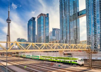 GO train passing through downtown Toronto