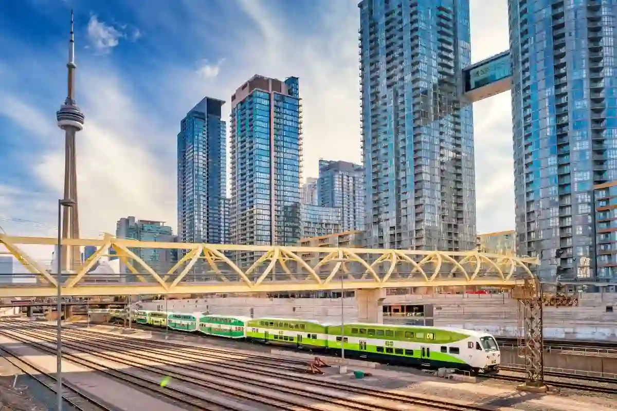 GO train passing through downtown Toronto