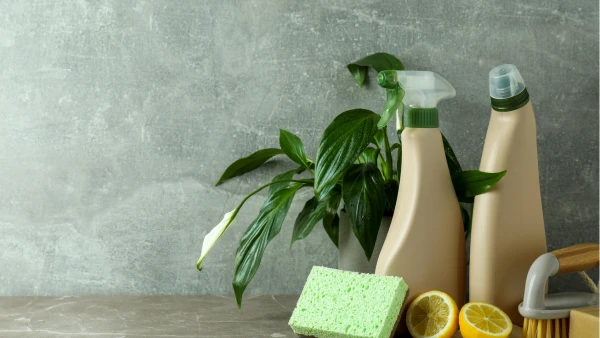 Spray bottles and a plant on a counter.