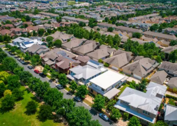 An aerial shot of a residential neighborhood