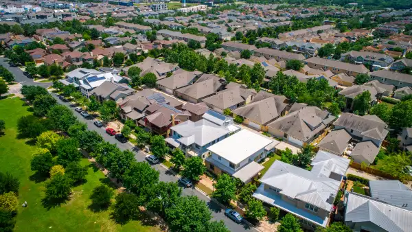 An aerial shot of a residential neighborhood