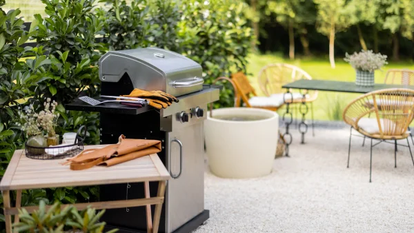 A picture of a backyard with a grill