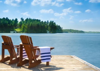 A snapshot of a dock with muskoka chairs