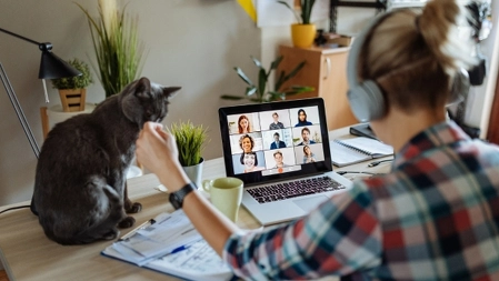 woman working from kitchen table with cat
