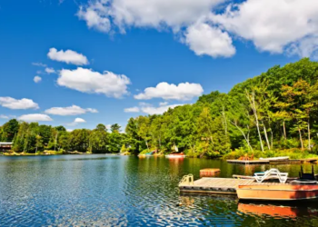 A cottage lake and dock view