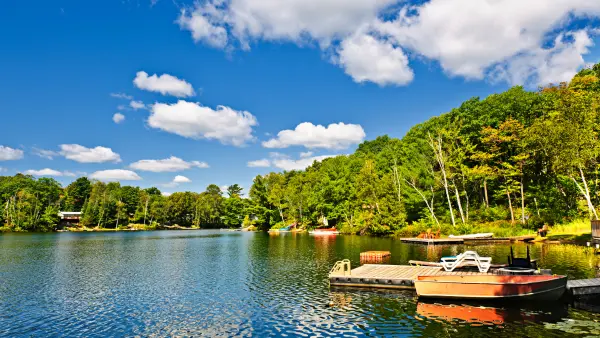 A cottage lake and dock view
